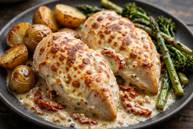 Baked chicken breasts under melted mozzarella and tomato cream