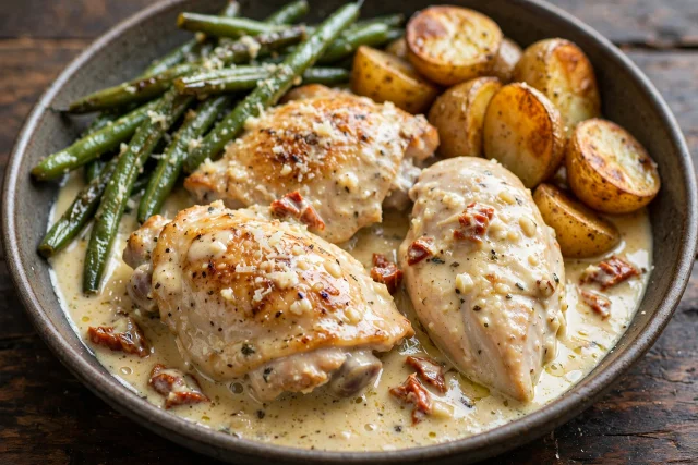 Slow cooker chicken in garlic cream sauce with herbs