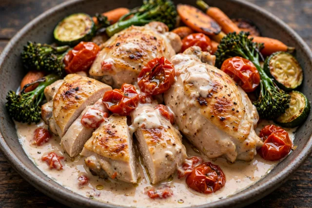 Lighter chicken with burst cherry tomatoes and yogurt sauce
