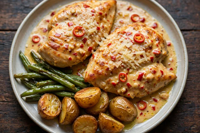 Spicy chicken in red chili cream sauce with Parmesan