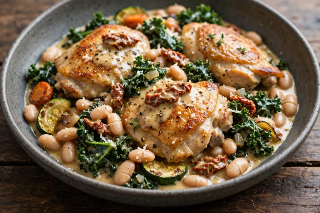 Tuscan chicken skillet with white beans and wilted kale