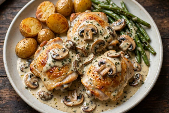 Chicken thighs with mushrooms in thyme cream sauce