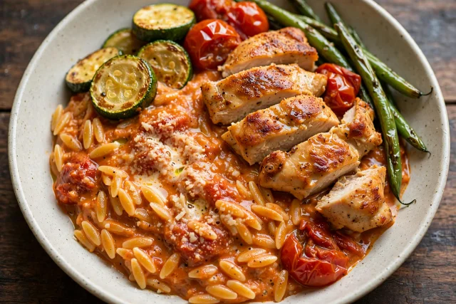 One pan orzo with chicken folded through a creamy tomato sauce