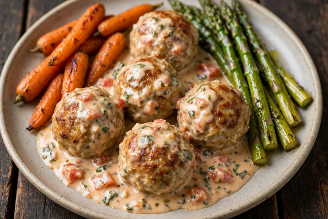 Chicken meatballs simmering in basil tomato cream