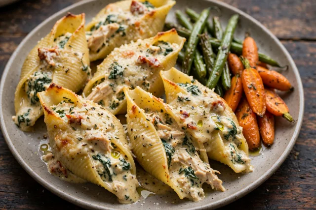 Stuffed pasta shells with ricotta, spinach, and chicken