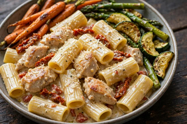 Slow cooker rigatoni with shredded chicken and tomatoes