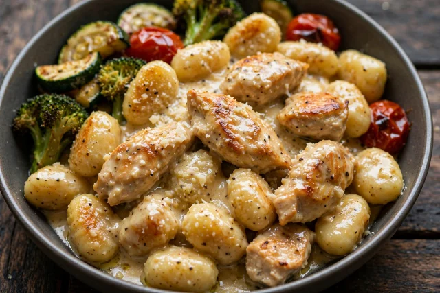 Gnocchi with chicken chunks in creamy garlic sauce