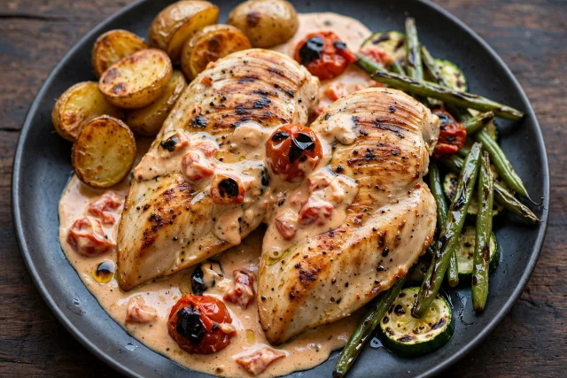 Grilled sliced chicken over charred tomato cream sauce