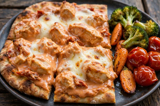 Flatbread topped with chicken, tomato cream, and basil