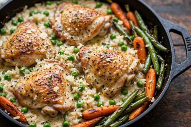 Chicken and rice skillet with peas and Parmesan
