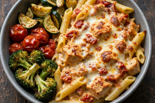 Baked pasta casserole with chicken and browned mozzarella