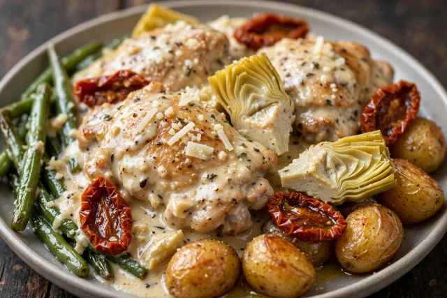 Chicken skillet with artichokes in a creamy sun dried tomato sauce