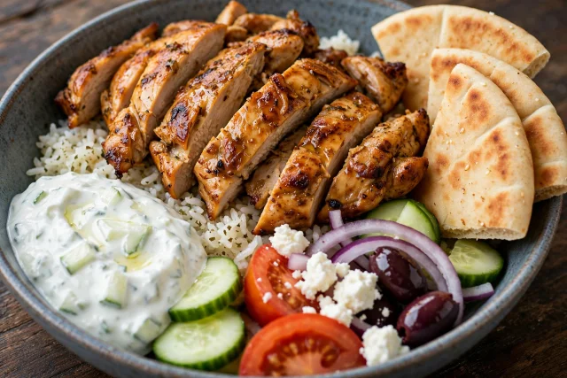 Gyro chicken slices with tzatziki, tomato, and warm pita
