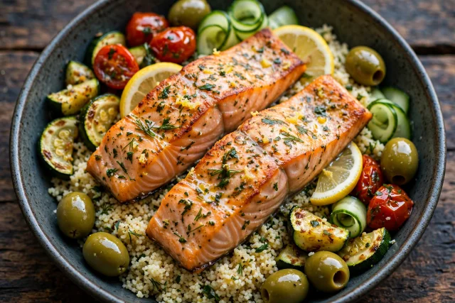 Lemon salmon over couscous with green olives and herbs