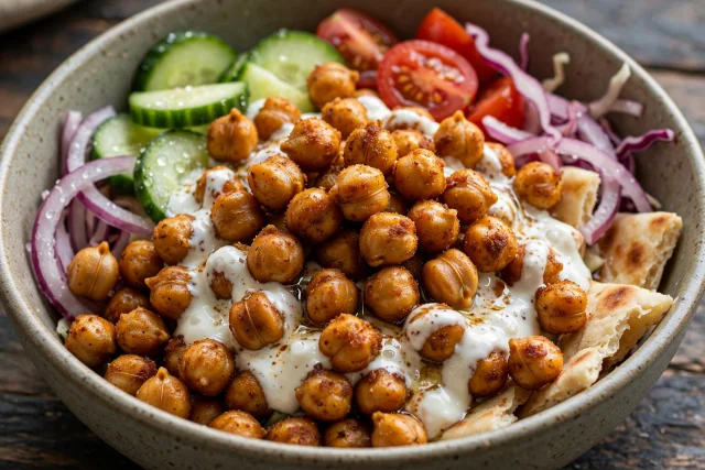 Roasted chickpeas with garlic yogurt and shredded cabbage