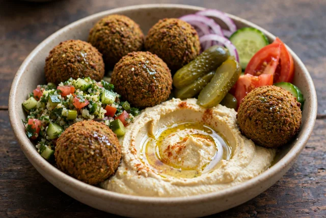 Crisp falafel on hummus with tabouleh and pickles