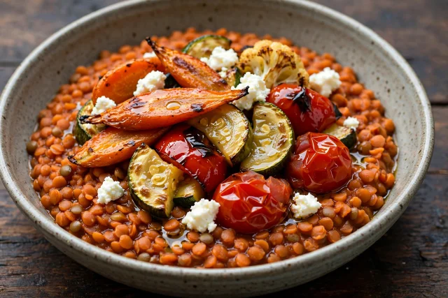 Red lentils with roasted vegetables and crumbled feta
