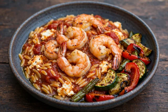 Shrimp in tomato feta sauce over orzo pasta