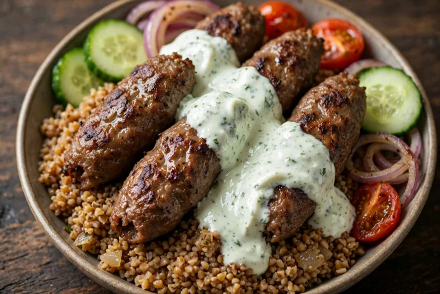 Turkey kofta with mint yogurt and buttery bulgur