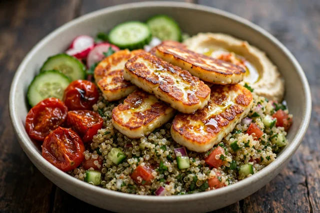 Grilled halloumi slices over quinoa tabouleh