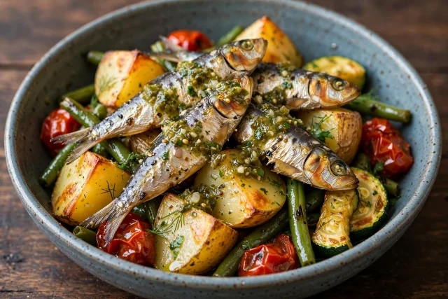 Crisp sardines with roasted potatoes and salsa verde