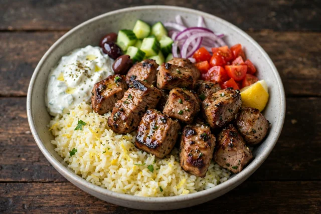 Pork souvlaki cubes over lemon rice with olives