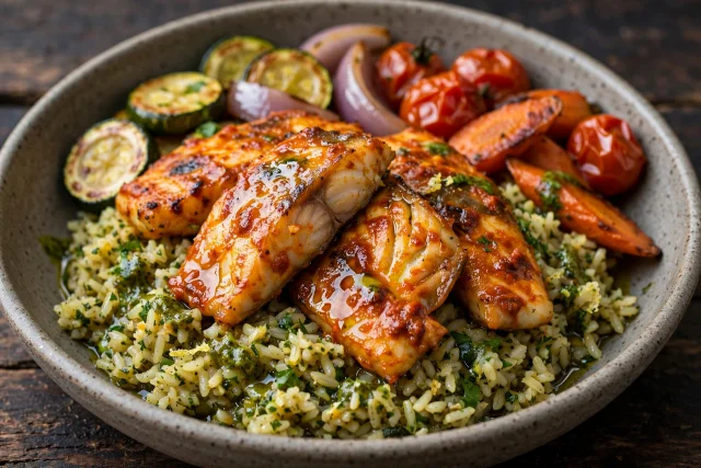 Harissa fish fillet on spiced rice with carrots