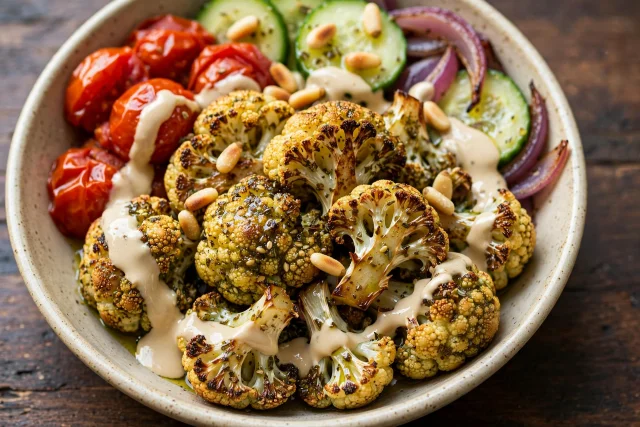 Zaatar cauliflower with tahini drizzle and pine nuts