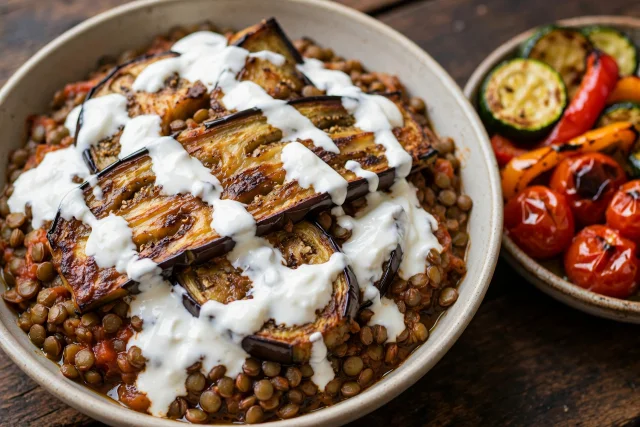 Roasted eggplant with spiced lentils and yogurt