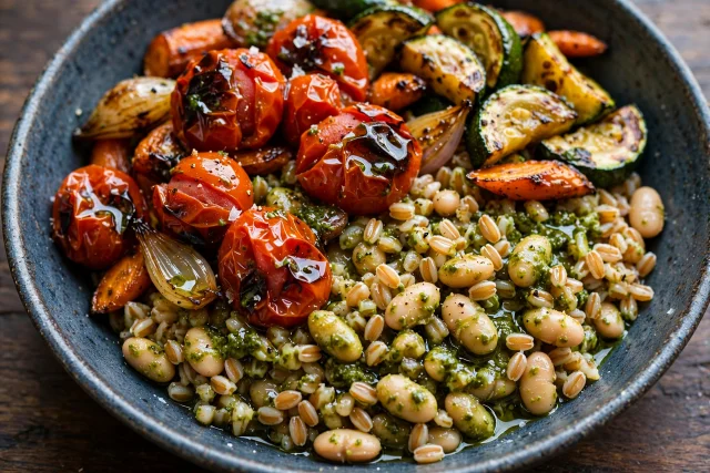 Farro grains with white beans, pesto, and burst tomatoes