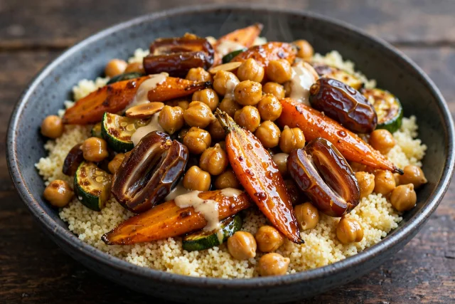 Moroccan carrots and chickpeas with dates over couscous