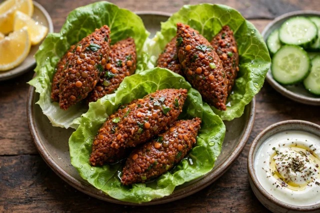 Lentil kofte ovals with lettuce cups and lemon