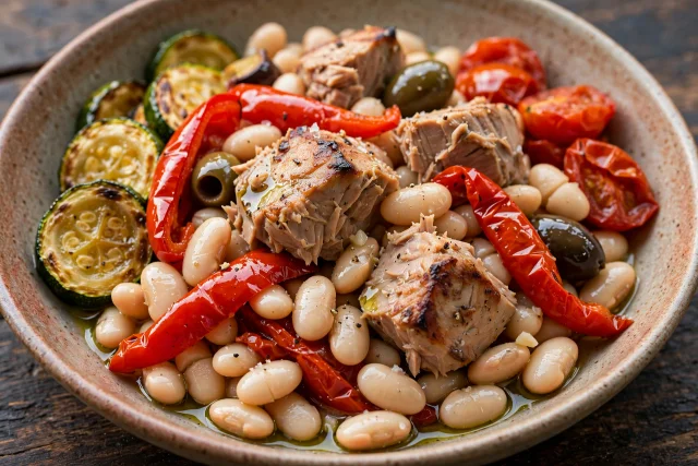 Spanish tuna with white beans and red pepper ribbons