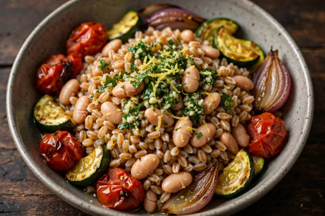 Chewy farro with cannellini beans and gremolata