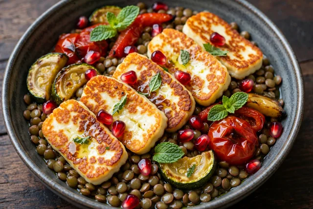 Seared halloumi with green lentils and pomegranate