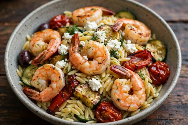 Greek shrimp with orzo, tomato sauce, and dill