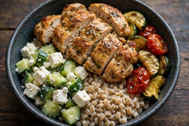Sliced herb chicken with barley and cucumber feta salad