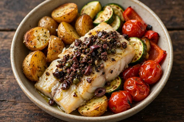 Baked cod with olive tapenade and crisp potatoes