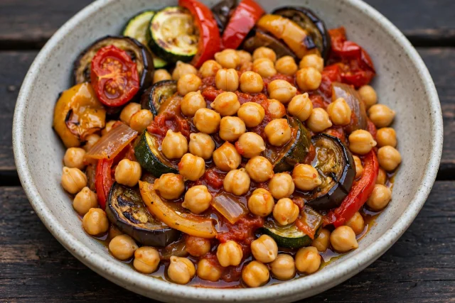 Ratatouille vegetables over chickpeas with basil