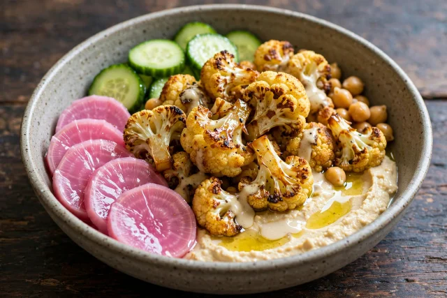 Whole roasted cauliflower with pink pickled turnips