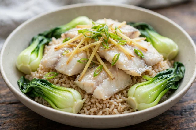 Ginger steamed fish with bok choy and rice