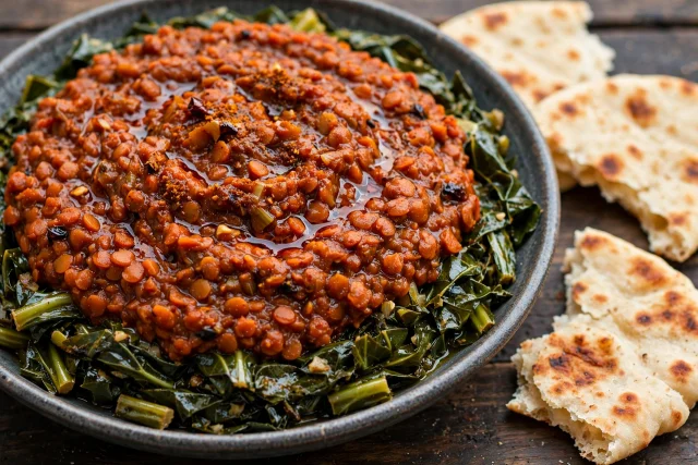 Red lentil misir wot with greens