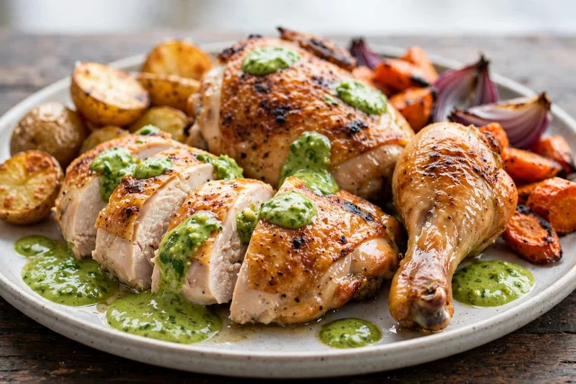 Pollo a la brasa with green sauce