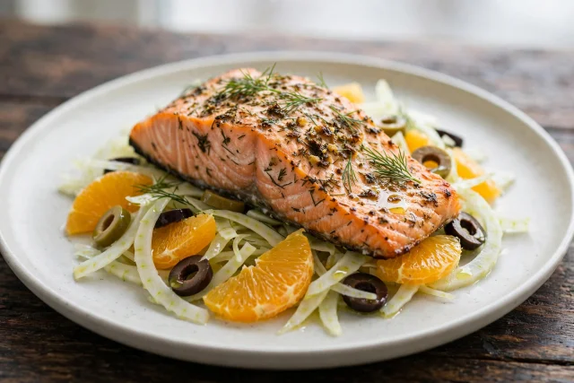 Herb salmon with fennel citrus salad