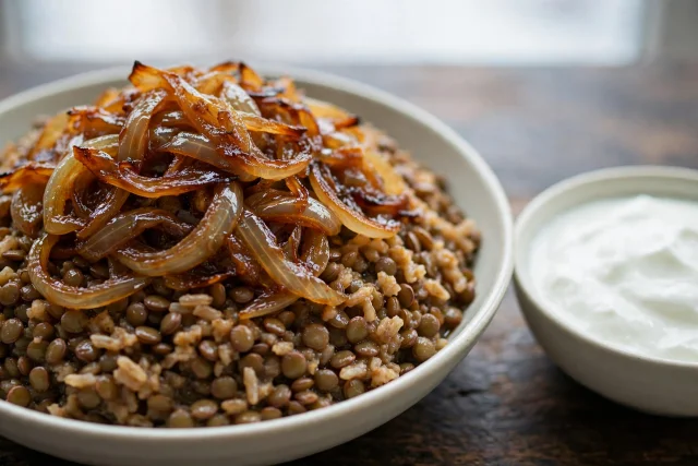 Mujadara bowls with caramelized onions