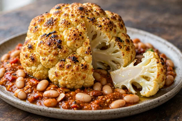 Whole roast cauliflower with romesco