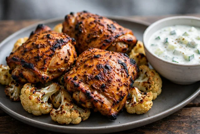 Tandoori chicken with roasted cauliflower and raita