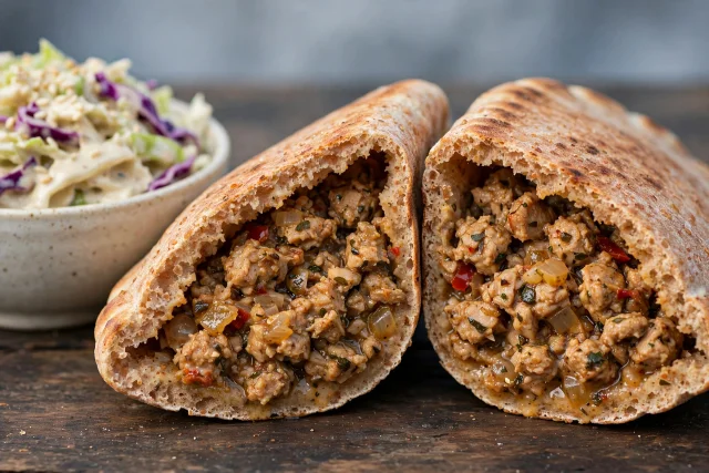 Turkey hawawshi pita with tahini slaw
