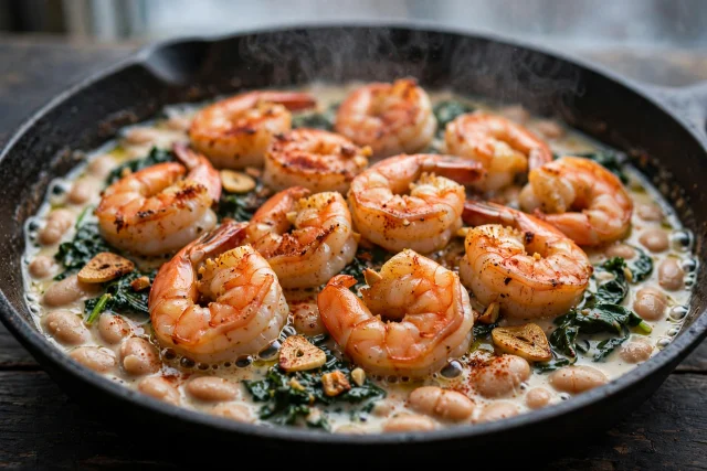 Garlic shrimp with white beans and greens