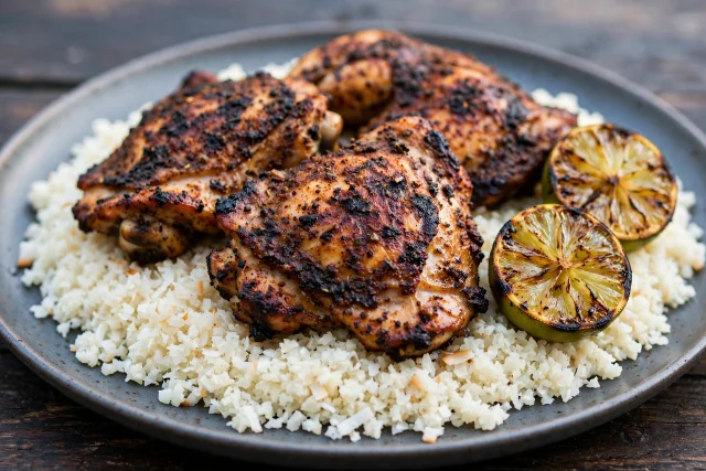 Jerk chicken with coconut cauliflower rice